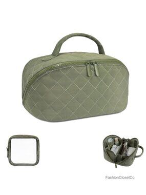 Quilted Puffer Makeup Bag 180° Lay-Flat Travel Cosmetic Bag Waterproof Large